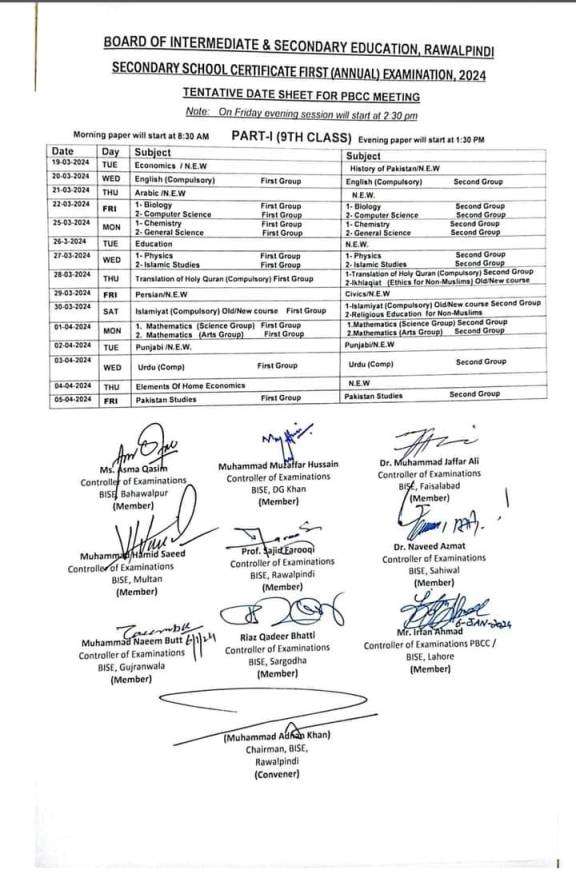 Rawalpindi Board 9th Class Date Sheet 2024 Pdf Download Agathe Henryetta